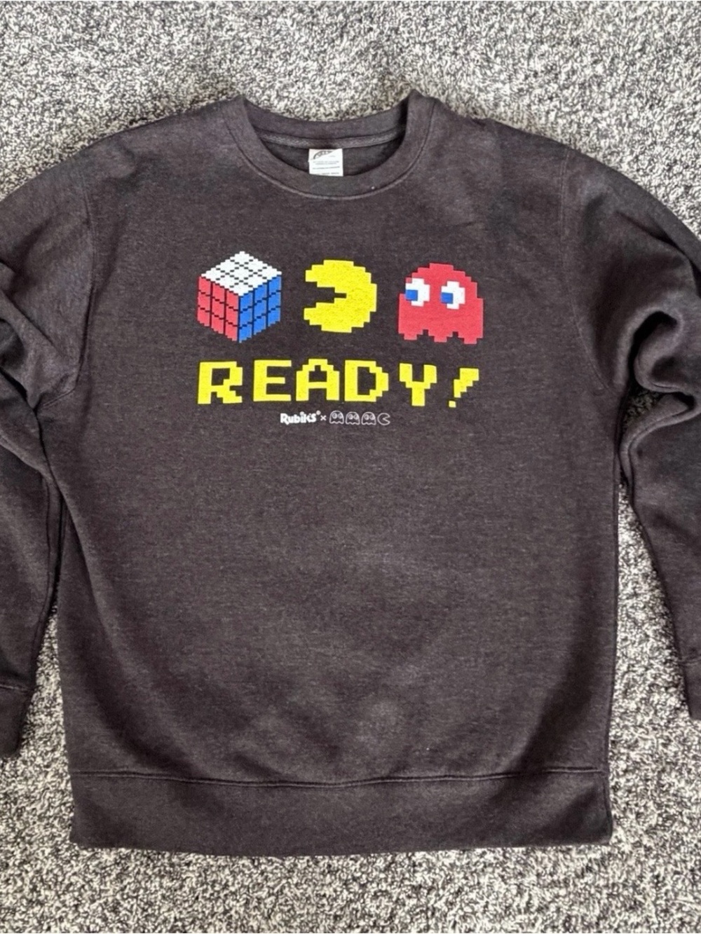 Pac Man Rubik’s Cube Crewneck Sweatshirt Mens Medium Gray Retro Gaming Fleece